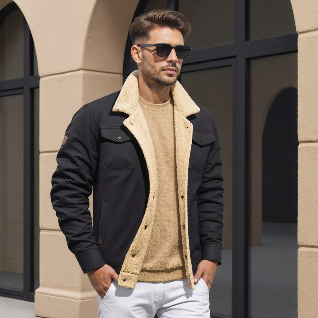 Men's Bomber Jacket with Ribbed Knit Trim and Front Zipper, Vintage Winter Style