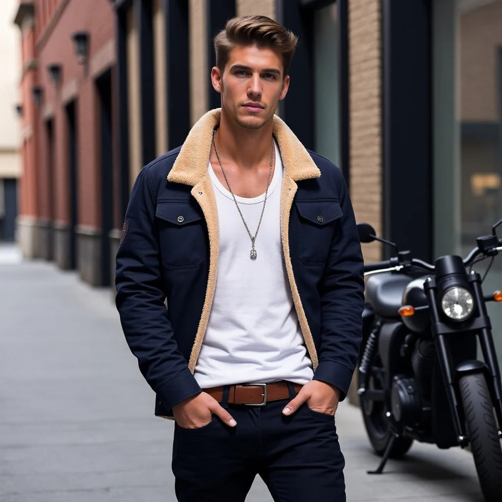 Men's Bomber Jacket with Ribbed Knit Trim and Front Zipper, Vintage Winter Style