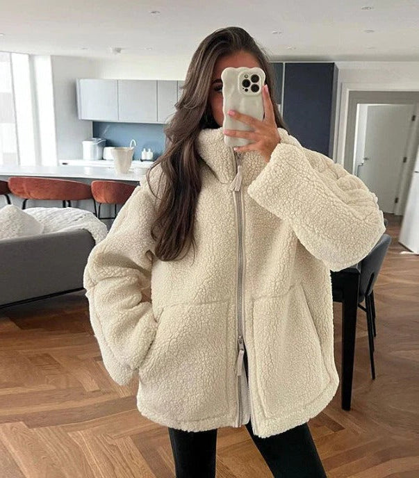 Women's Fleece Zip Jacket with Stand Collar and Oversized Fit