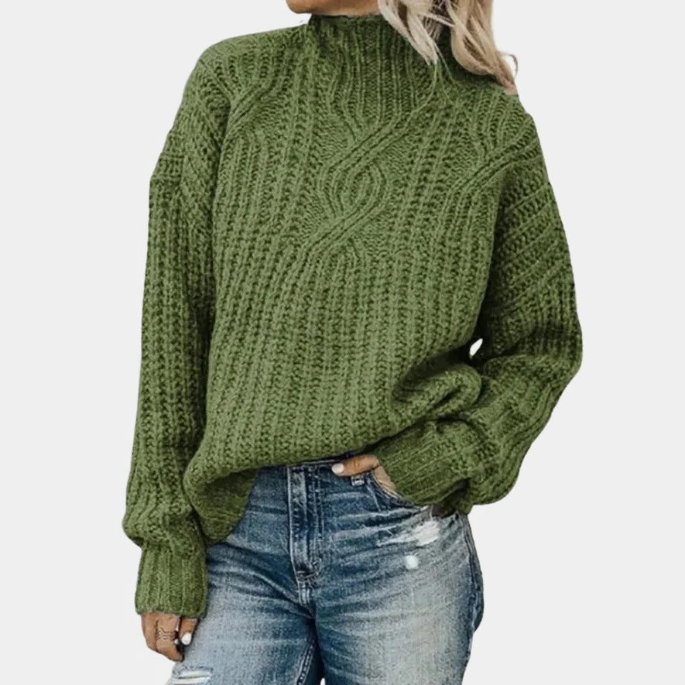 Women's Pullover Knit Sweater with Ribbed Cuffs and Hip Length Coverage