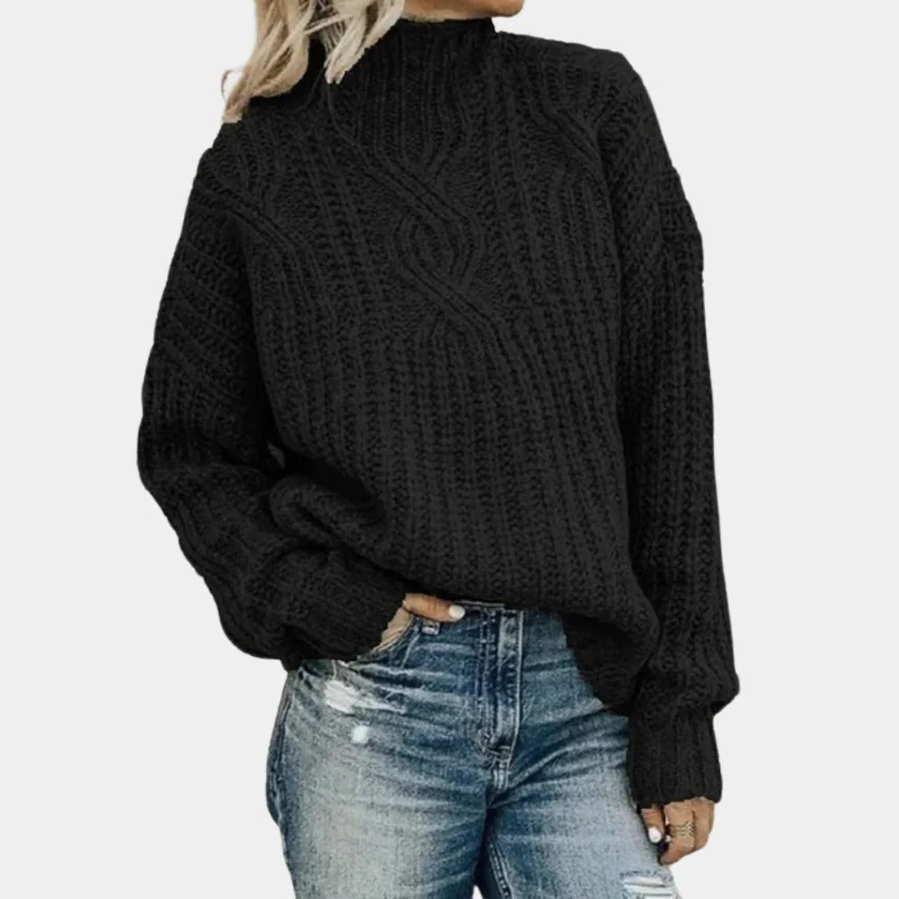 Women's Pullover Knit Sweater with Ribbed Cuffs and Hip Length Coverage