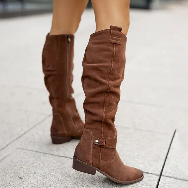 Womens Knee Boots with Side Zipper and Cushioned Insole, Low Heel