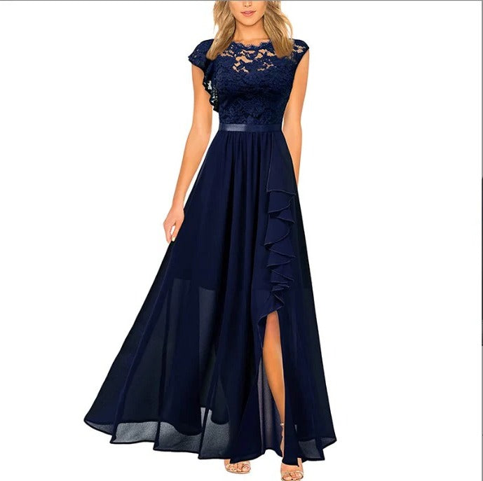 Lace Maxi Dress with Round Neckline and Short Sleeves