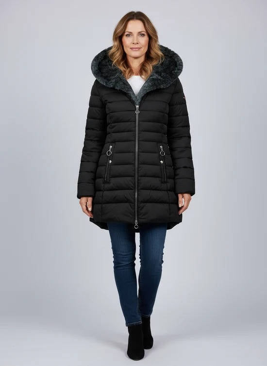 Women's Fur Hooded Puffer Coat, Long Quilted Winter Jacket, Warm Insulated Winter Outerwear