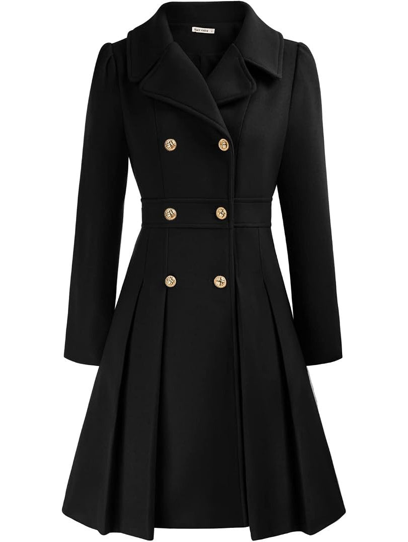 Womens Double Breasted Trench Coat, Thick A Line Peacoat, Notch Lapel with Pockets
