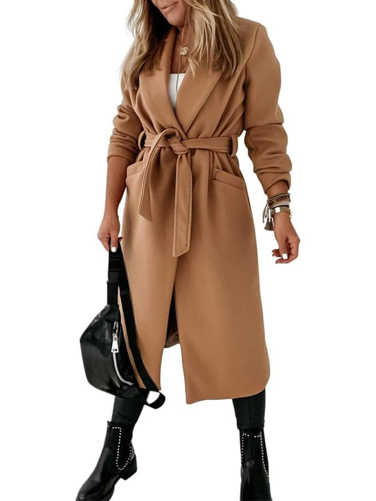 Womens Classic Long Coat, Lapel Collar Open Front Belted Jacket for Fall Winter