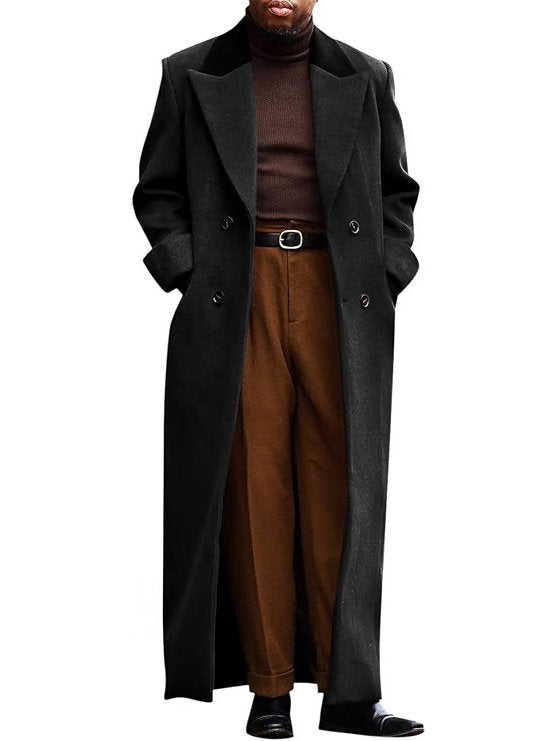 Mens Long Trench Coat, Full Length Double Breasted Overcoat, Classic Winter Coat