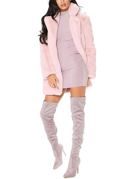 Womens Faux Fur Winter Coat, Warm Lapel Collar Lined Button Front Jacket