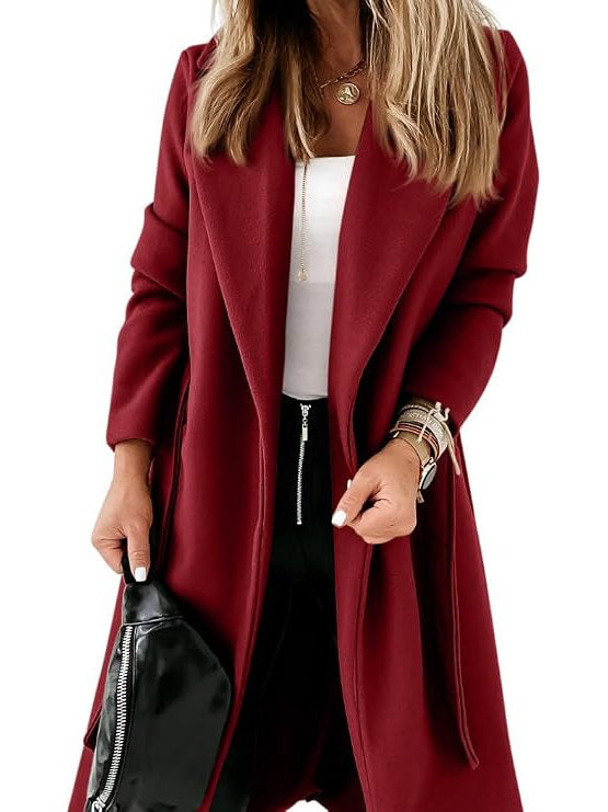 Womens Classic Long Coat, Lapel Collar Open Front Belted Jacket for Fall Winter