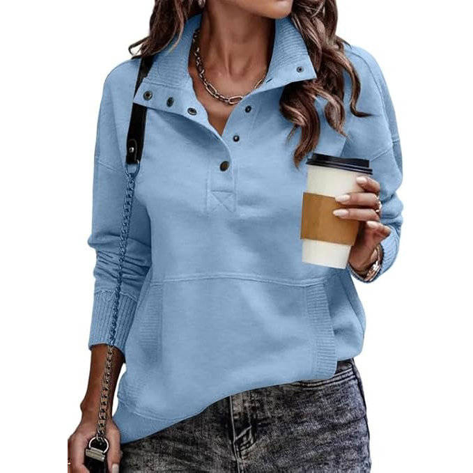 Women's Casual Long Sleeve Stand Neck Sweatshirt, Lightweight Button Drawstring Pullover Top, V Neck Plus Size Clothes 2026