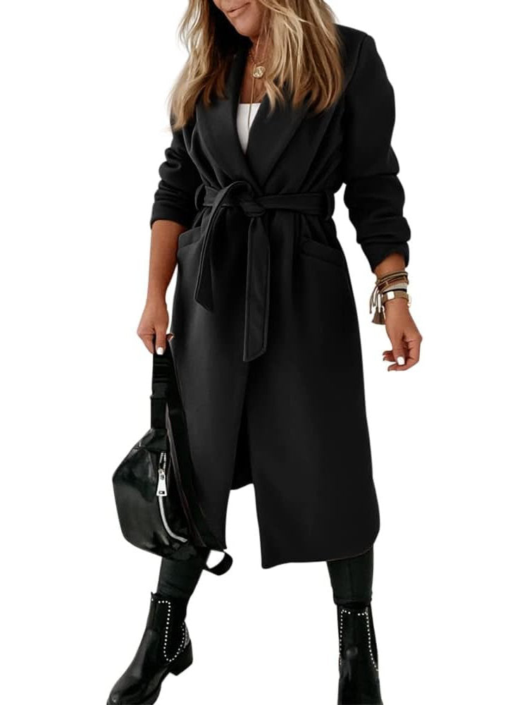 Womens Classic Long Coat, Lapel Collar Open Front Belted Jacket for Fall Winter