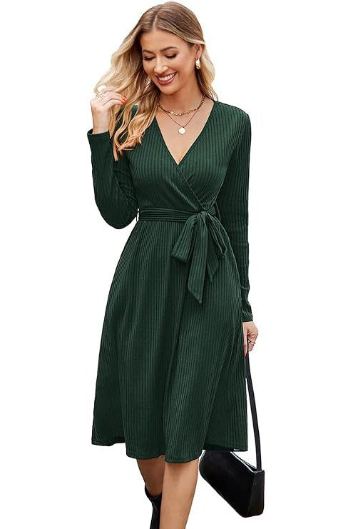 Women's Fall Work Dress, Teacher Church Business Casual Knit Midi Sweater Dress with Pockets and Belt 2026