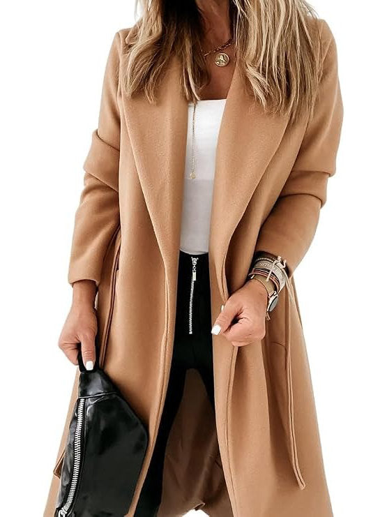 Womens Classic Long Coat, Lapel Collar Open Front Belted Jacket for Fall Winter