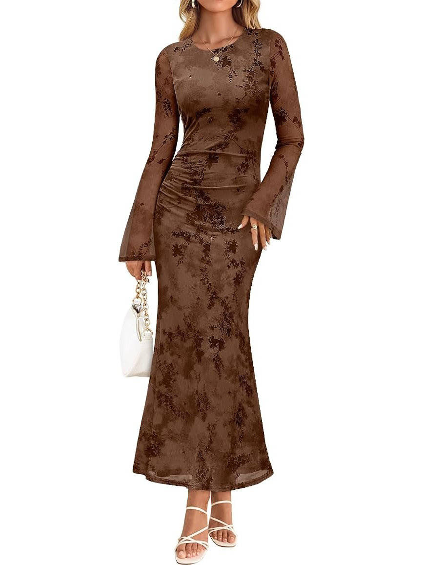 Womens Floral Maxi Dress, Long Sleeve Bodycon Ruched Mesh Formal Dress for Fall Evening Events