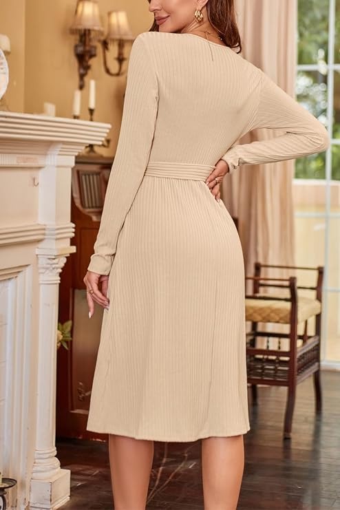 Women's Fall Work Dress, Teacher Church Business Casual Knit Midi Sweater Dress with Pockets and Belt 2026