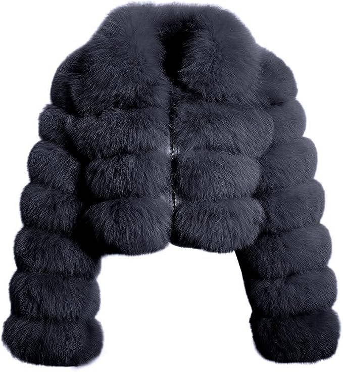 Womens Faux Fur Cropped Jacket, Fluffy Teddy Puffer Coat, Zip Up Warm Winter Jacket