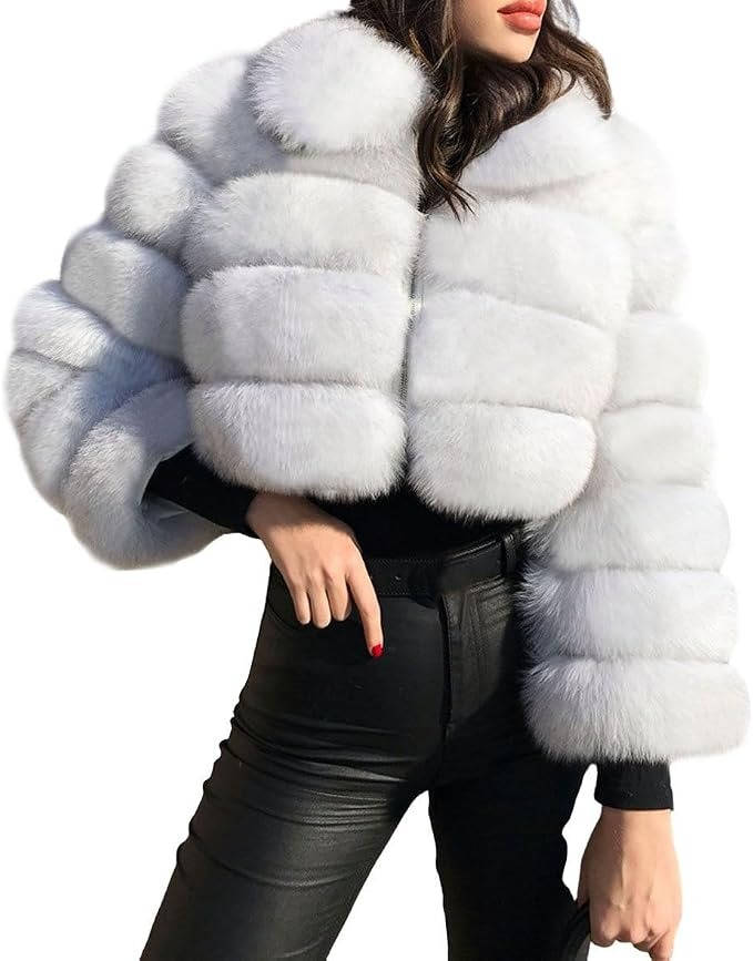 Womens Faux Fur Cropped Jacket, Fluffy Teddy Puffer Coat, Zip Up Warm Winter Jacket