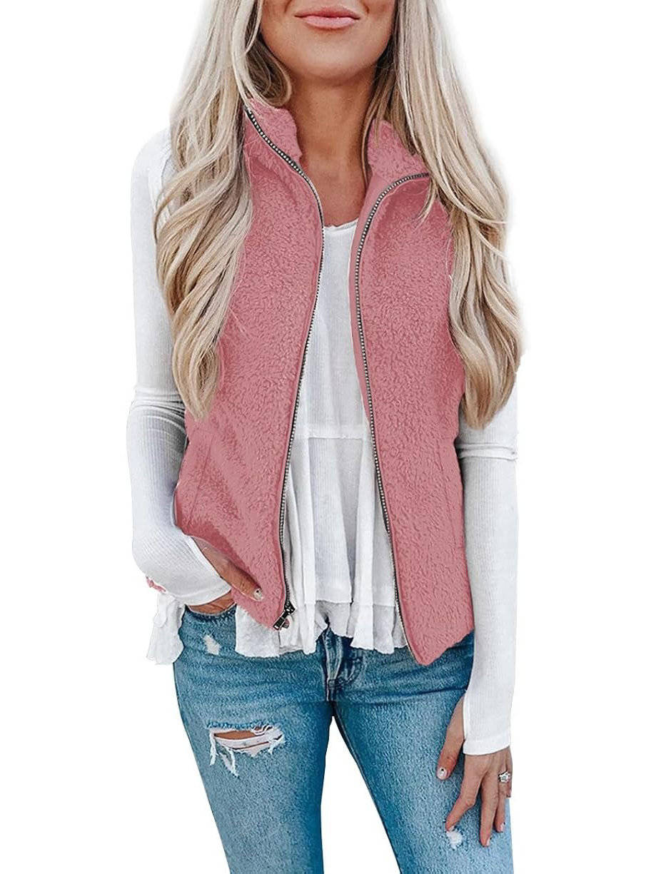 Womens Sherpa Fleece Vest, Fuzzy Lightweight Sleeveless Zipper Jacket with Pockets