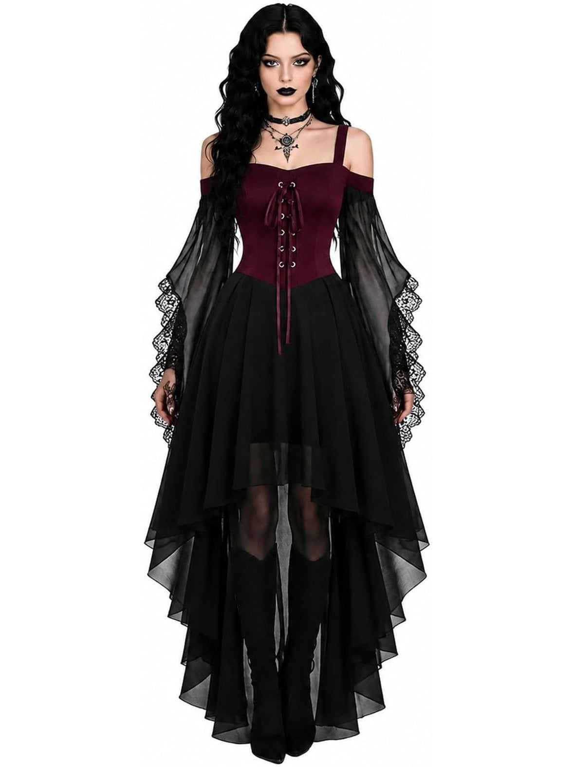 Witch Costume for Women, 2026 Halloween Dress with Butterfly Sleeve Mesh Gothic Renaissance Vampire Design