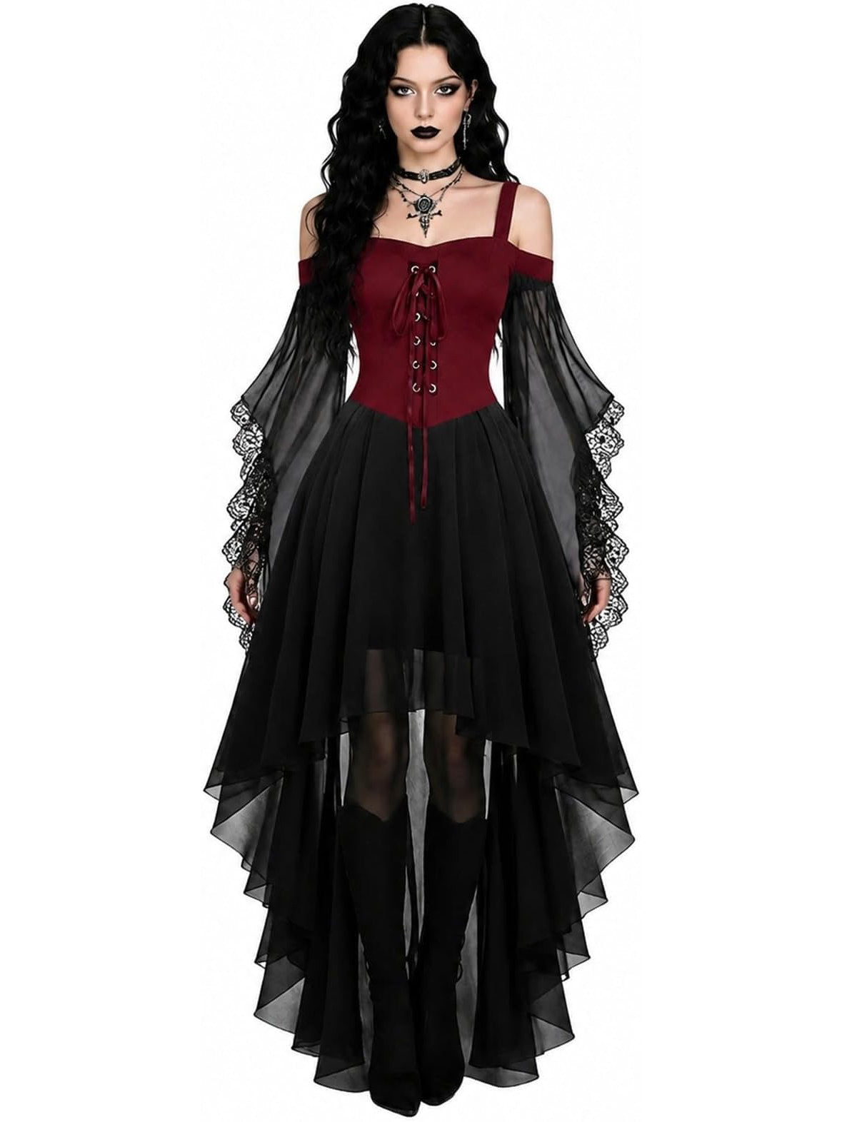 Witch Costume for Women, 2026 Halloween Dress with Butterfly Sleeve Mesh Gothic Renaissance Vampire Design