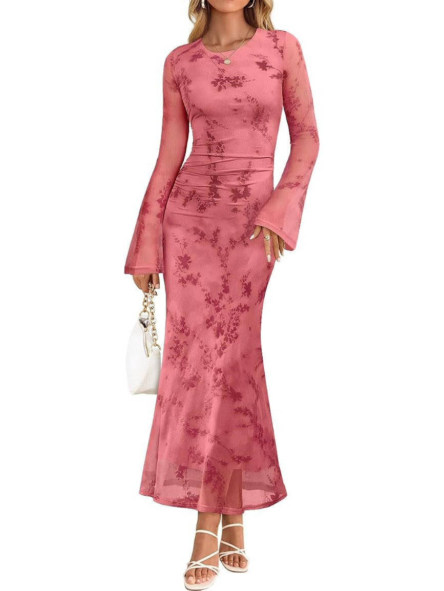 Womens Floral Maxi Dress, Long Sleeve Bodycon Ruched Mesh Formal Dress for Fall Evening Events