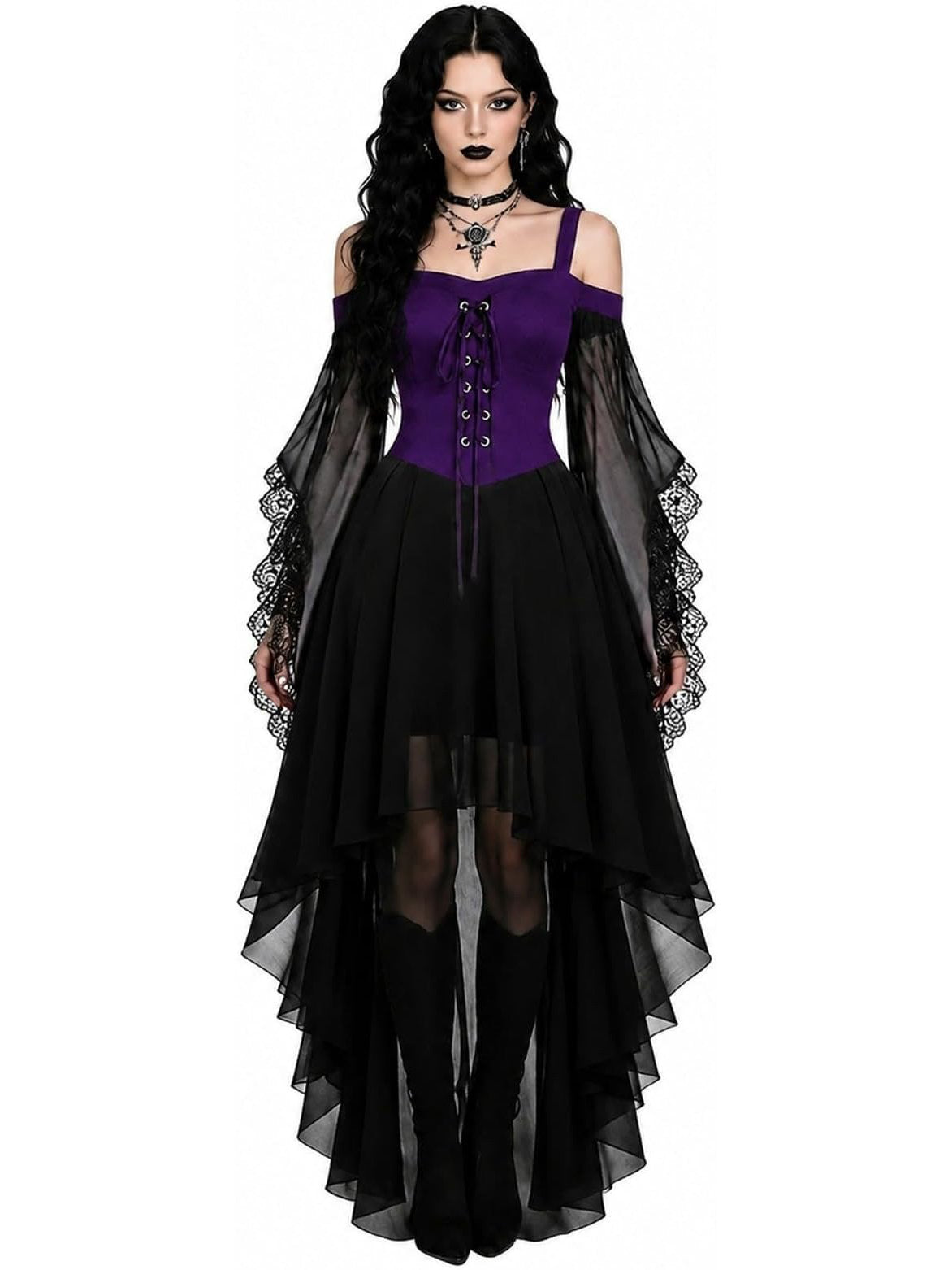 Witch Costume for Women, 2026 Halloween Dress with Butterfly Sleeve Mesh Gothic Renaissance Vampire Design