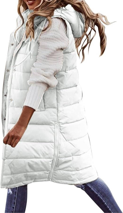 Women's Knee Length Puffer Vest, Hooded Quilted Zip Up Long Vest, Warm Winter Outerwear