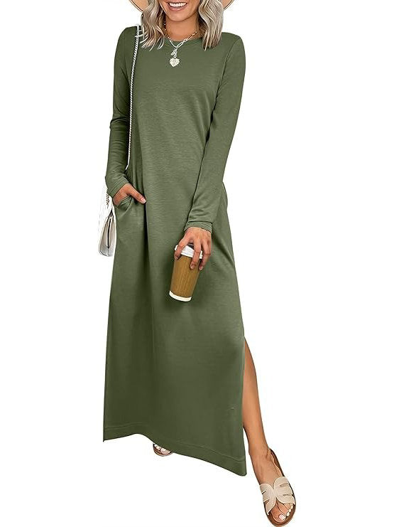 Women's Long Sleeve Work Dress, 2026 Fall Casual Crewneck Loose Fit Split Flowy Wrinkle Free Travel Vacation Maxi Dress