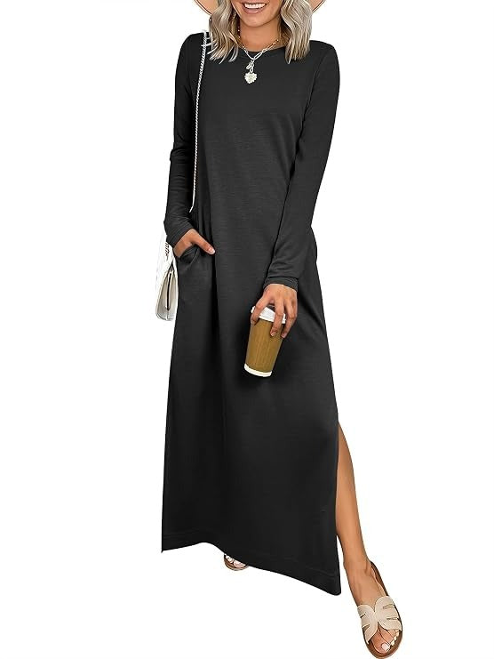 Women's Long Sleeve Work Dress, 2026 Fall Casual Crewneck Loose Fit Split Flowy Wrinkle Free Travel Vacation Maxi Dress