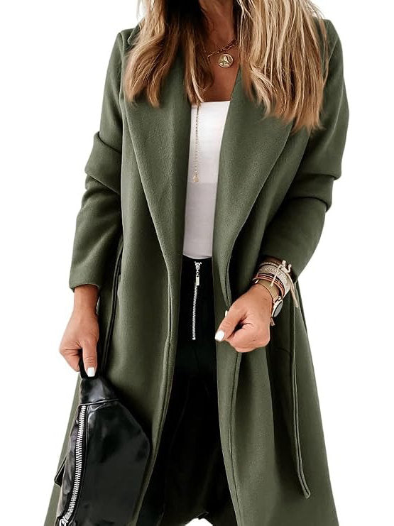 Womens Classic Long Coat, Lapel Collar Open Front Belted Jacket for Fall Winter