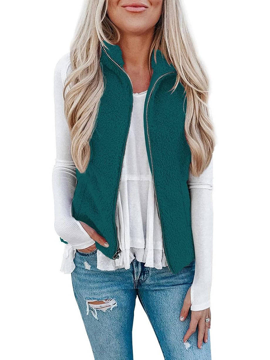 Womens Sherpa Fleece Vest, Fuzzy Lightweight Sleeveless Zipper Jacket with Pockets