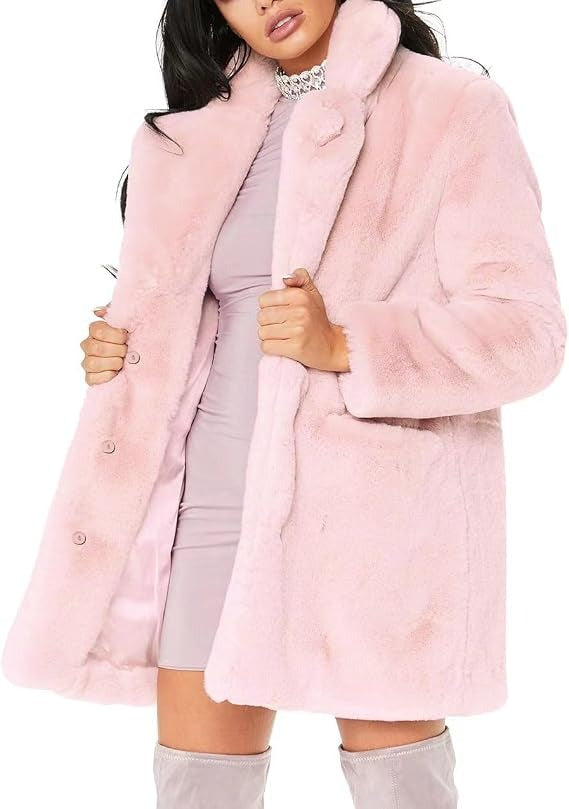 Womens Faux Fur Winter Coat, Warm Lapel Collar Lined Button Front Jacket