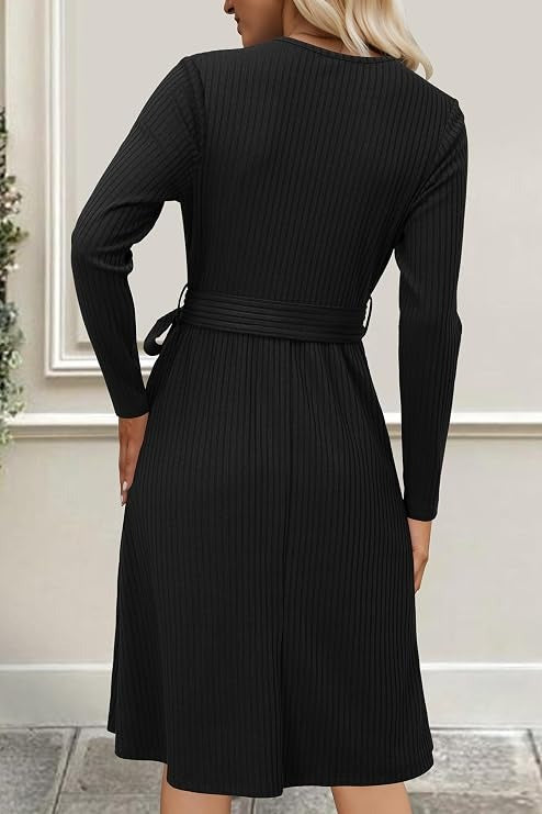 Women's Fall Work Dress, Teacher Church Business Casual Knit Midi Sweater Dress with Pockets and Belt 2026