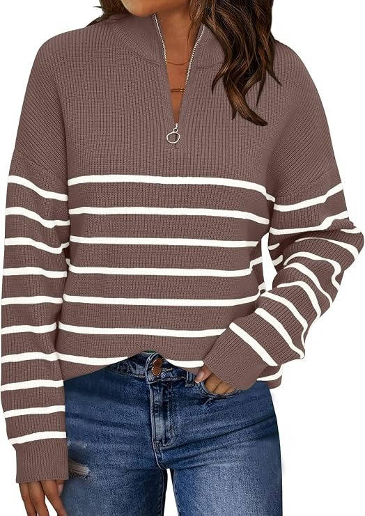 Womens Striped Quarter Zip Sweater - Oversized Mock Neck Knit Pullover