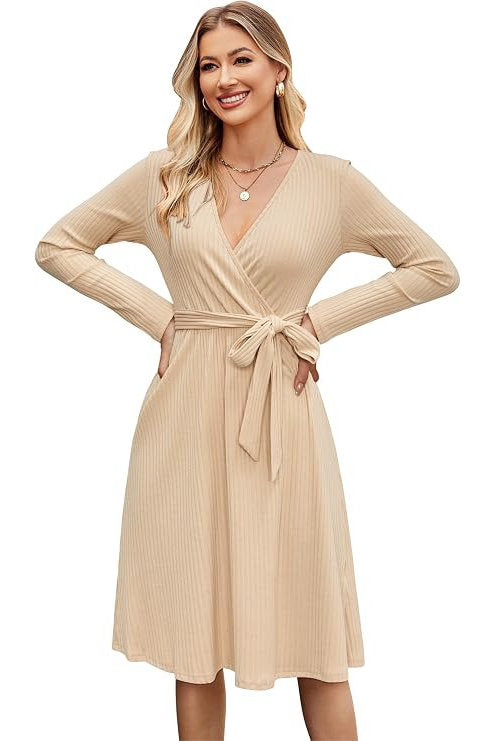 Women's Fall Work Dress, Teacher Church Business Casual Knit Midi Sweater Dress with Pockets and Belt 2026