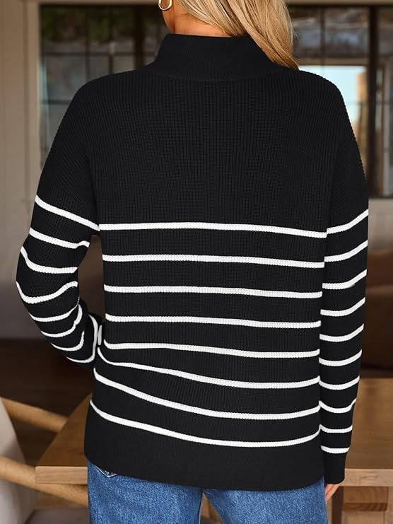 Womens Striped Quarter Zip Sweater - Oversized Mock Neck Knit Pullover