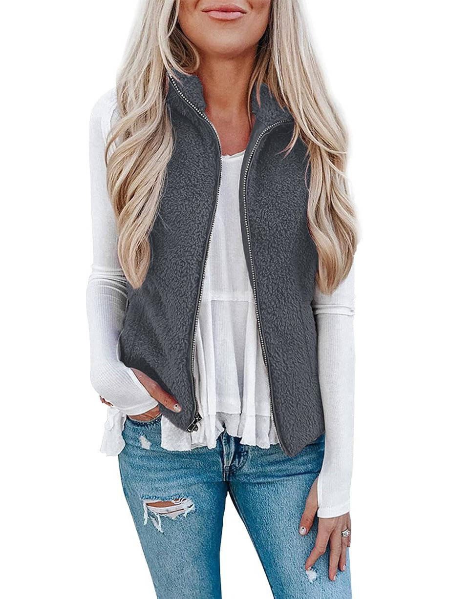 Womens Sherpa Fleece Vest, Fuzzy Lightweight Sleeveless Zipper Jacket with Pockets