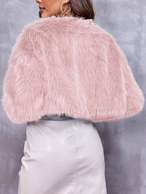 Womens Cropped Faux Fur Jacket, Fluffy Shaggy Long Sleeve Short Coat