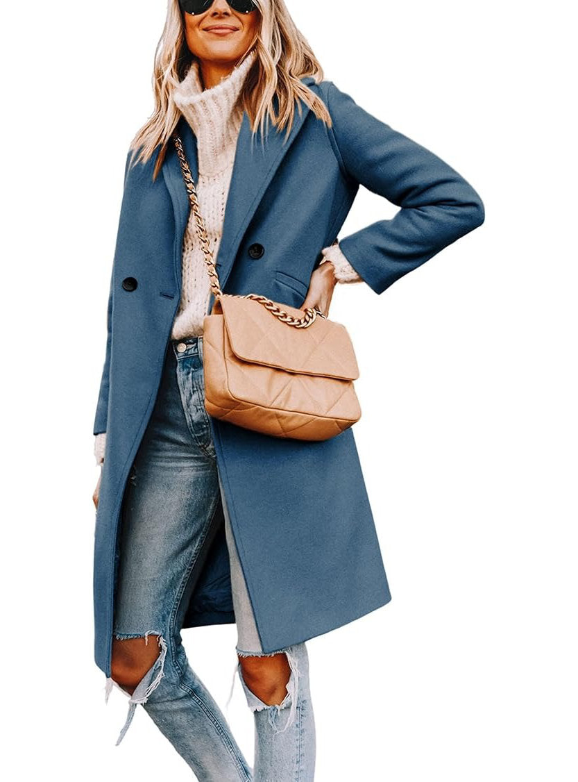 Womens Wool Peacoat, Double Breasted Coat with Notch Lapel