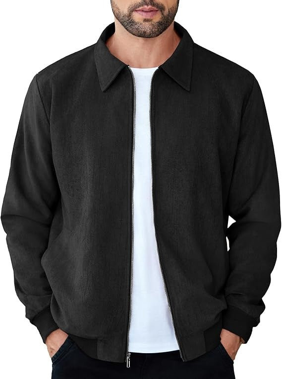 Mens Faux Suede Bomber Jacket - Lightweight Zip Up Fall Jacket
