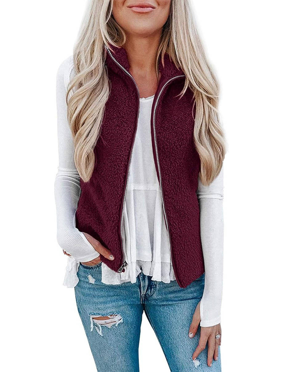 Womens Sherpa Fleece Vest, Fuzzy Lightweight Sleeveless Zipper Jacket with Pockets