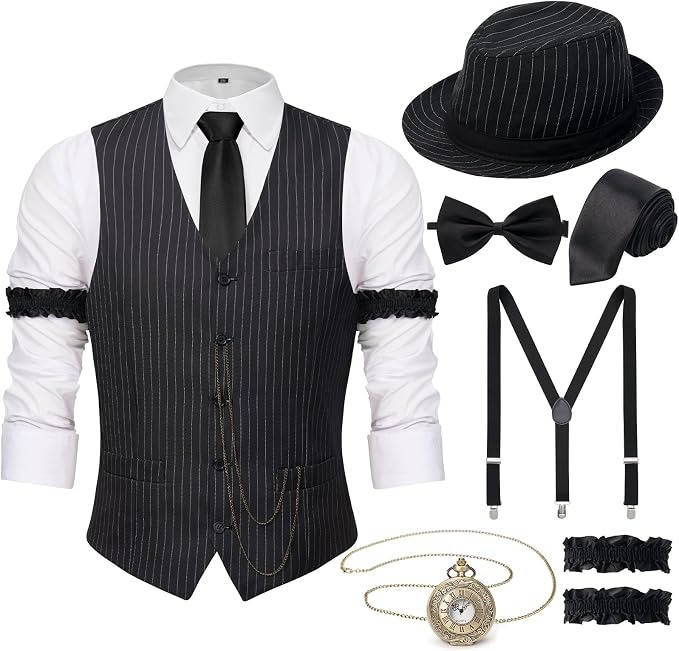 Mens 1920s Gatsby Costume, Roaring 20s Outfit, Vintage Vest and Hat Accessories