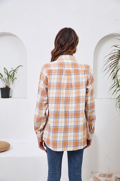 Flannel Shirt for Women, Plaid Western Cowgirl Button Down Shirt, Long Sleeve Oversized Casual Top