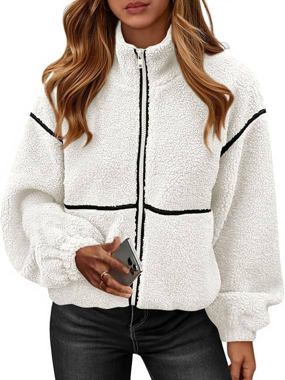 Womens Fleece Zip Up Jacket, Oversized Color Block Teddy Coat with Pockets, Warm Fall Winter Outerwear