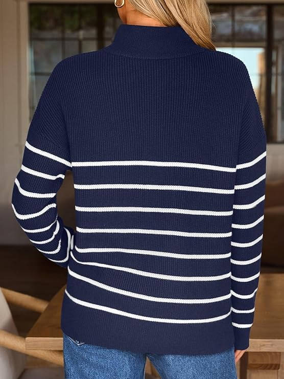 Womens Striped Quarter Zip Sweater - Oversized Mock Neck Knit Pullover