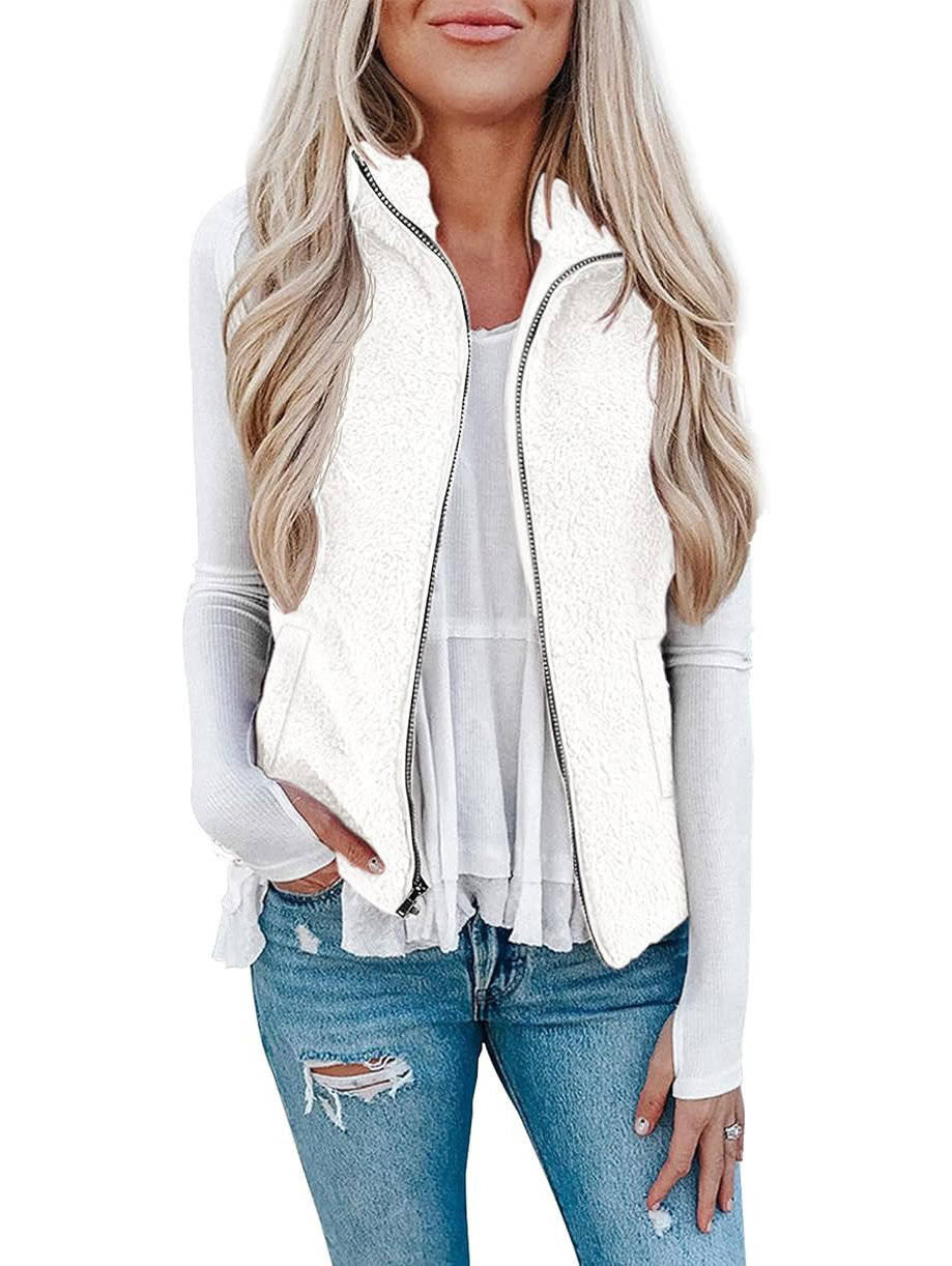 Womens Sherpa Fleece Vest, Fuzzy Lightweight Sleeveless Zipper Jacket with Pockets