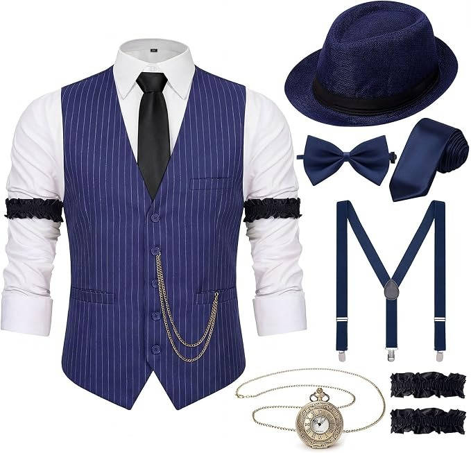 Mens 1920s Gatsby Costume, Roaring 20s Outfit, Vintage Vest and Hat Accessories