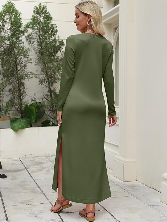 Women's Long Sleeve Work Dress, 2026 Fall Casual Crewneck Loose Fit Split Flowy Wrinkle Free Travel Vacation Maxi Dress