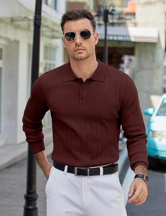 Mens Long Sleeve Knit Polo Shirt, 3 Button Lightweight Slim Fit Sweater, Casual Old Money Style