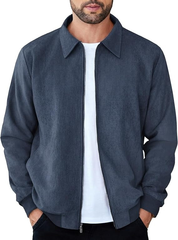 Mens Faux Suede Bomber Jacket - Lightweight Zip Up Fall Jacket